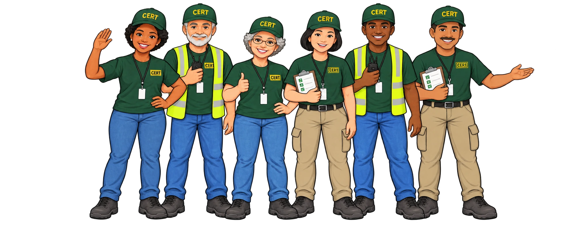 Illustration of six CERT teammates standing together with radios and clipboards.